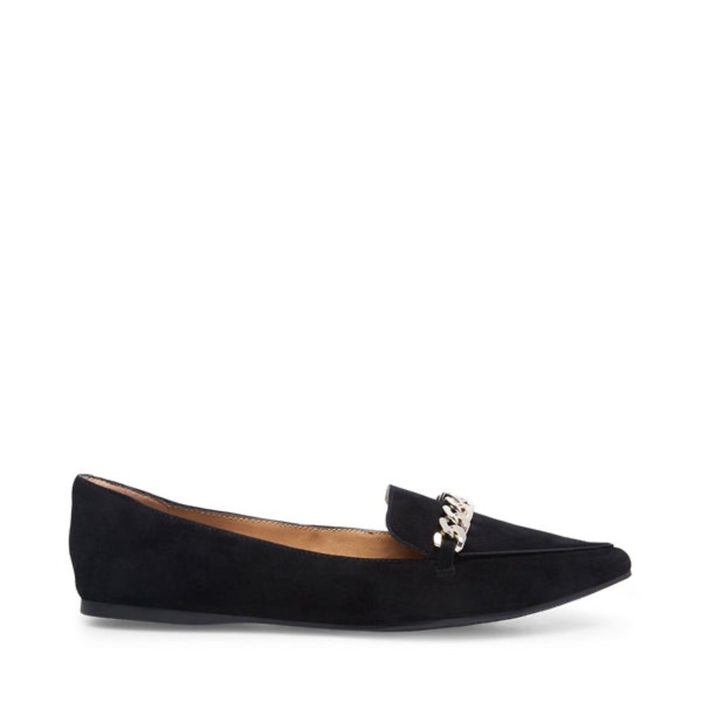 STEVE MADDEN FARRELL BLACK SUEDE POINTED LOAFERS GOLD CHAIN ACCENT EUC